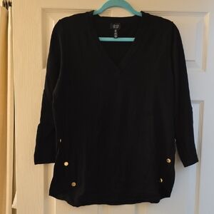Jones New York Signature Black V-Neck Sweater with Gold Buttons & 3/4 Sleeves